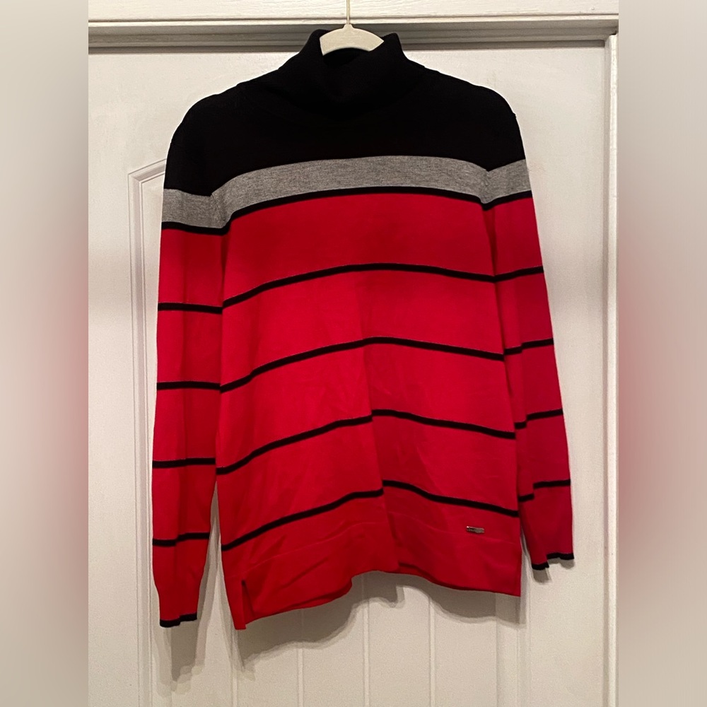 Calvin Klein Red and Black Striped Turtleneck Sweater